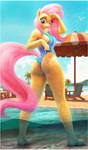 anthro anthrofied beach breasts butt clothing clothing_pull eyebrows female female_anthro hair looking_at_butt looking_back medium_breasts one-piece_swimsuit outside pink_hair raised_eyebrows solo swimwear umbrella yellow_body venjiiart friendship_is_magic hasbro my_little_pony fluttershy_(mlp) equid equine horse mammal pony digital_media_(artwork) digital_painting_(artwork) hi_res