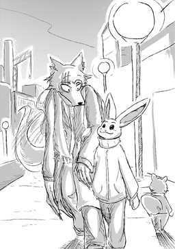 anthro blush bottomwear building clothing coat crane_(machine) duo female handwear male mittens muffler pants scarf sidewalk smile street street_lamp topwear walking dragonweirdo beastars haru_(beastars) legoshi_(beastars) canid canine canis lagomorph mammal rodent sciurid wolf absurd_res comic first_page hi_res monochrome