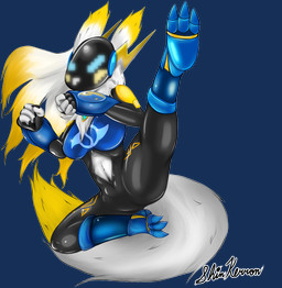 anthro armor boob_armor clothing female fur kick screen screen_face solo tight_clothing white_body white_fur shin_kerron bandai_namco digimon fan_character gwendolyn_(shin_kerron) canid canine digimon_(species) kyubimon mammal renamon alpha_channel