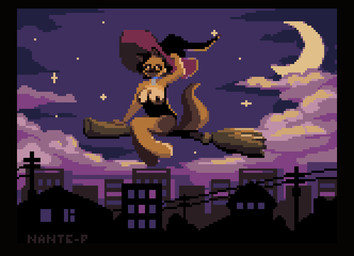 animal_genitalia animal_vulva anthro black_corset bottomless bouncing_breasts breasts broom broom_riding brown_body brown_fur brown_hair building canine_genitalia canine_vulva cleaning_tool clothed clothing cloud crescent_moon detailed_background eyes_closed female flying fur genitals hair hand_on_hat hat headgear headwear holidays legwear looking_at_viewer moon pointy_ears presenting presenting_vulva sky solo star stockings tail vulva witch_costume witch_hat yellow_clothing yellow_legwear yellow_stockings nante-p halloween gwen_(steam1st) canid canine canis domestic_dog german_shepherd herding_dog mammal pastoral_dog animated digital_media_(artwork) frame_by_frame pixel_(artwork) pixel_animation