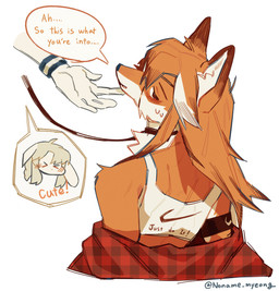 >.< anthro clothing disembodied_hand duo female fur hair leash one_eye_obstructed orange_body orange_fur orange_hair shirt simple_background tank_top topwear white_background white_body white_fur white_hair noname_myeong jeanne_(noname_myeong) canid canine fox mammal absurd_res hi_res