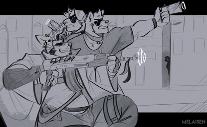 anthro black_border border bottomwear bracelet city cityscape clenched_teeth clothed clothed_anthro clothed_male clothing coat collar doog eyewear floppy_ears folded_ears fully_clothed fully_clothed_anthro fully_clothed_male grin group gun holding_gun holding_object holding_ranged_weapon holding_weapon jewelry male male_anthro pants ranged_weapon shirt smile sunglasses t-shirt teeth text topwear trio weapon melaisen canid canine canis domestic_dog mammal 2022 absurd_res artist_name concept_art digital_drawing_(artwork) digital_media_(artwork) greyscale hi_res monochrome