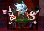 1_horn 4_ears alcohol anthro beverage black_eyes black_hair black_sclera blue_body blue_eyes blue_fur breasts card chibi clothing female footwear fur group hair high_heels horn humanoid_pointy_ears latex latex_clothing legwear male multi_ear pink_body pink_skin pointy_ears poker_chip poker_table shoes spade_tail tail thigh_highs tusks white_hair wine yellow_eyes mentita-cato echo_(doubleecho) four_ears_(doubleecho) xiqa_(doubleecho) alien cyclops demon norn_(doubleecho) hi_res