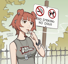 bangs barbell_piercing bracelet breasts cigarette cigarette_in_mouth digit_ring dog_tags ear_piercing ear_ring eyebrow_barbell eyebrow_piercing facial_piercing female fence finger_ring human_and_animal_ears jewelry multi_ear multiple_piercings necklace object_in_mouth outside piercing ring_piercing sign signpost sleeveless_shirt smoking solo spiked_bracelet spikes text hitsujigoods no_fear_(brand) mitsu_inumoto animal_humanoid canid canid_humanoid canine canine_humanoid dog_humanoid humanoid mammal mammal_humanoid 2025 absurd_res english_text hi_res