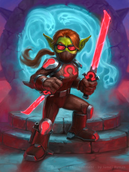 armor boots clothing dagger eyewear female footwear front_view gloves green_body hair handwear holding_dagger holding_melee_weapon holding_object holding_sword holding_weapon humanoid_pointy_ears mask melee_weapon not_furry pointy_ears ponytail portal red_hair shoes short solo standing sunglasses sword weapon james_ryman blizzard_entertainment hearthstone goblin humanoid 3:4 official_art