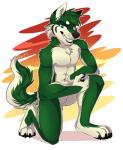 4_toes anthro biped black_lips black_nose blue_eyes feet fur green_body green_fur green_hair hair kneeling lips looking_at_viewer male muscular muscular_anthro muscular_male simple_background smile solo toes white_body white_fur citrinelle canid canine canis mammal wolf 2017 digital_media_(artwork) hi_res