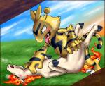 detailed_background duo eyes_closed female feral fire flaming_hair flaming_mane interspecies male male/female open_mouth pseudo_hair pseudo_mane sex side_view tongue tongue_out box_xod nintendo pokemon electabuzz generation_1_pokemon pokemon_(species) ponyta 2012