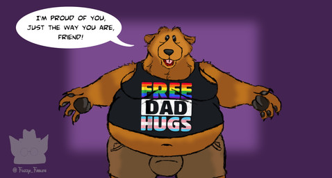anthro belly big_belly bottomwear bulge claws clothing exposed_belly finger_claws lgbt_pride male moobs offering_hug open_mouth overweight overweight_anthro overweight_male pawpads pride_colors shirt shorts solo speech_bubble spread_arms talking_to_viewer tank_top text tight_clothing topwear transgender_pride_colors fuzzy_fables bear_in_the_big_blue_house disney bear_(bitbbh) bear mammal english_text