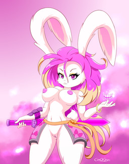 anthro areola breasts female fur genitals hair knife melee_weapon pink_areola pink_eyes pink_hair solo sword vulva weapon white_body white_fur canofstars gunfire_reborn tao_(gunfire_reborn) lagomorph leporid mammal rabbit hi_res