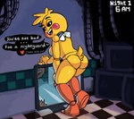 anthro beakless bib black_sclera bottomless breasts butt clothed clothing dialogue feathers female head_feathers head_tuft heart_symbol looking_at_viewer looking_back looking_back_at_viewer machine open_mouth open_smile rear_view rosy_cheeks smile solo speech_bubble tail tail_feathers talking_to_viewer text thick_thighs tuft white_eyes wide_hips yellow_body yellow_feathers wifeburger five_nights_at_freddy's five_nights_at_freddy's_2 scottgames toy_chica_(fnaf) animatronic avian bird chicken galliform gallus_(genus) phasianid robot 2023 digital_media_(artwork) hi_res