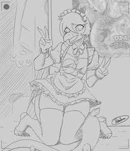 5_fingers 5_toes anthro camera_view claws clothed clothing crossdressing crossgender feet femboy finger_claws fingers ftm_crossgender gesture gloves hair hand_gesture handwear kneeling legwear long_tail looking_at_viewer maid_uniform male open_mouth open_smile poster_(object) short_hair smile snout solo spiked_tail spikes spikes_(anatomy) squish stockings tail text thick_thighs thigh_squish toe_claws toes uniform v_sign ratherdevious cavemanon_studios dragon_ball dragon_ball_z goodbye_volcano_high snoot_game goku stella_(gvh_beta) dinosaur ornithischian prehistoric_species reptile scalie stegosaurian stegosaurus thyreophoran 2025 absurd_res artist_name black_and_white hi_res monochrome watermark