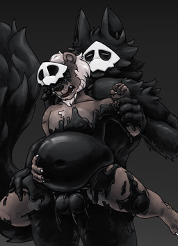 anal anal_penetration anthro balls belly big_belly black_body black_fur bodily_fluids butt cum cum_inflation cum_inside duo fur genital_fluids genitals goo_transformation hand_on_belly inflation latex leg_grab male male/male male_penetrated male_penetrating male_penetrating_male mask nipples open_mouth penetration sex simple_background size_difference slime tail takeover thick_thighs thigh_grab transformation soupspicyy changed_(video_game) puro_(changed) canid canine felid goo_creature lion mammal pantherine absurd_res hi_res