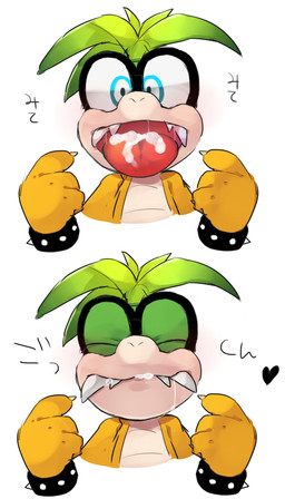 anthro bodily_fluids bracelet cum cum_in_mouth cum_inside cum_on_tongue drinking drinking_cum eyewear fangs genital_fluids gesture glasses green_hair hair hand_gesture heart_symbol jewelry looking_at_viewer male open_mouth pointing pointing_at_self solo spiked_bracelet spikes teeth text tongue tongue_out momiwo mario_bros nintendo iggy_koopa koopaling koopa scalie 2015 4:7 japanese_text