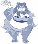 accessory anthro breasts cleavage clothed clothing female footwear fur lipstick makeup overweight overweight_anthro overweight_female sandals shoes simple_background solo text white_background chadrocco ankama dofus wakfu pandawa_queen bear giant_panda mammal pandawa digital_media_(artwork) english_text