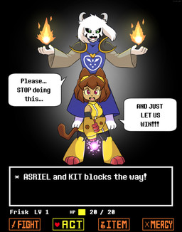 3_toes anthro arm_cannon armor armored_boots barefoot blaster brown_body brown_hair cat_paws clothing dress duo energy_ball feet female fire fur gauntlets gloves green_eyes hair handwear male male/female open_mouth paws red_eyes tail toes weapon_arm white_body white_fur yellow_clothing yellow_dress vavacung gameoverse glitch_productions undertale undertale_(series) asriel_dreemurr asriel_dreemurr_(god_form) kit_bodega bovid caprine domestic_cat felid feline felis goat mammal crossover hi_res