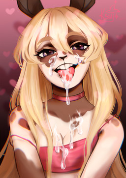 anthro bodily_fluids breasts brown_body brown_fur buckteeth choker clothed clothing cum cum_drip cum_dripping_from_face cum_in_mouth cum_inside cum_on_breasts cum_on_face cum_on_tongue dripping ejaculation female fur genital_fluids jewelry looking_at_viewer necklace open_mouth pink_choker pink_clothing pink_jewelry pink_necklace pink_shirt pink_tongue pink_topwear purple_eyes shirt smile solo spots teeth tongue tongue_out topwear white_body white_fur ksujo lagomorph leporid mammal rabbit absurd_res hi_res portrait