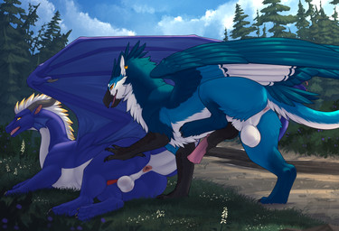 animal_genitalia animal_penis anus balls blue_body bodily_fluids butt claws duo equine_genitalia equine_penis erection feathered_wings feathers feral frill_(anatomy) genital_fluids genitals horn knot male male/male open_mouth penis tail wings conditional_dnp zenrii mythology luamir rmmlusitania_(character) avian dragon gryphon mythological_avian mythological_creature mythological_scalie scalie absurd_res hi_res
