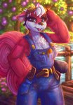 belt blue_eyes breasts cleavage clothed clothing denim denim_clothing eyewear female fur goggles hair hammer open_mouth red_body red_fur solo tools white_body white_fur white_hair dimwitdog neopets lania_cragg lutari mammal neopet_(species) rodent sciurid absurd_res hi_res