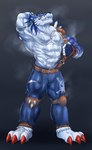 abs anthro biped bodily_fluids bottomwear clothing grin jewelry male muscular muscular_anthro muscular_male musk necklace nipples pants pecs scar smile solo sweat torn_clothing wolfplot1 bandai_namco digimon canid canine digimon_(species) mammal weregarurumon hi_res