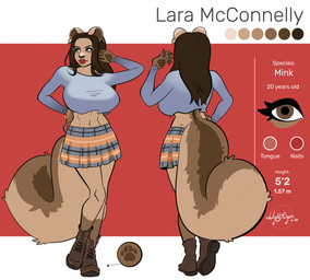 anthro big_breasts boots bottomwear bracelet breasts brown_body brown_eyes brown_fur brown_hair clothing color_swatch crop_top ear_piercing ear_ring female footwear fur hair hand_on_head hand_on_hip huge_breasts jewelry lips looking_aside piercing red_lips ring_piercing shirt shoes skirt solo tail text topwear nightargen lara_mcconnelly american_mink mammal mink mustelid musteline neovison true_musteline hi_res model_sheet