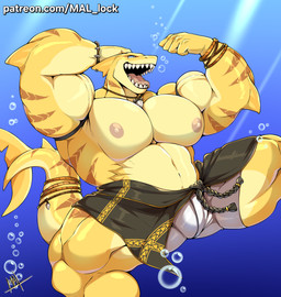 anthro biceps big_muscles fin flexing flexing_bicep male muscular muscular_male pecs shark_fin shark_tail sharp_teeth solo tail teeth text water yellow_body mal_lock mako_(belobog) aquatic fish shark 2026 absurd_res digital_drawing_(artwork) digital_media_(artwork) hi_res url