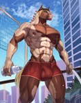 abs anthro athletic bag biceps blonde_hair bottle boxer_briefs broad_shoulders brown_body brown_fur building bulge city cityscape clothing cloud confident container detailed_bulge fur genital_outline grin hair headgear headwear male mottled mottled_body mottled_fur muscular muscular_anthro muscular_male muscular_thighs net nipple_piercing nipple_ring nipples outside pecs penis_outline piercing plant ring_piercing shadow sky skyline smile solo sport tree underwear volleyball_net water_bottle white_body white_fur yellow_eyes hnav equid equine horse mammal hi_res watermark