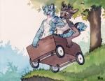 anthro antlers blue_body blue_fur calvin_and_hobbes deer duo felid friends fur happy horn male mammal nude open_mouth pantherine parody plant ruaidri tail tiger traditional_media_(artwork) tree wagon