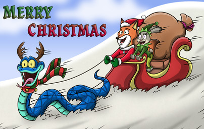 anthro beard bell blue_body blue_scales buckteeth christmas_clothing christmas_headwear clothed clothing collar costume elf_costume facial_hair fake_antlers fake_beard fake_horns fangs female feral forked_tongue fur green_eyes grey_body grey_fur group hat headgear headwear holidays male multicolored_body multicolored_scales open_mouth orange_body orange_fur purple_eyes sack santa's_sack santa_coat santa_costume santa_hat scales scarf sleigh snow teeth tongue tongue_out trio two_tone_body two_tone_scales ventral_scales white_beard white_facial_hair shinragod christmas disney zootopia gary_de'snake judy_hopps nick_wilde canid canine fox lagomorph leporid mammal rabbit reptile scalie snake 2025 digital_media_(artwork) hi_res