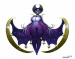 anthro anthrofied big_breasts breasts claws female looking_at_viewer membrane_(anatomy) membranous_wings pokemorph purple_body simple_background smile solo wide_hips wings sleepingeel nintendo pokemon bat generation_7_pokemon legendary_pokemon lunala mammal pokemon_(species) absurd_res hi_res