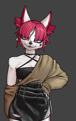 anthro bangs black_lips blunt_bangs clothed clothing collarbone dress fangs female front_view fur hair hand_on_hip inner_ear_fluff lips looking_aside pink_hair simple_background solo standing teeth tuft white_body white_fur mangomaverick epic_games fortnite kimiko_five-tails canid canine fox mammal absurd_res hi_res