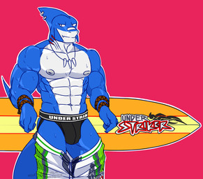 anthro barazoku belly black_clothing black_eyes black_jockstrap black_underwear blue_body bottomwear bottomwear_down clothed clothing fang_necklace fin fin_piercing furgonomic_piercing furgonomics gills jockstrap male muscular muscular_male partially_clothed piercing shorts shorts_down simple_background solo surfboard surfer swimming_trunks swimming_trunks_down swimwear text text_on_clothing text_on_underwear underwear underwear_under_swimwear wet wet_clothing wet_underwear white_belly mindmechanica thresher_(mindmechanica) aquatic fish shark 2020 english_text hi_res
