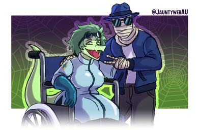 abstract_background anthro bandage big_breasts big_tail blue_clothing blue_gloves blue_handwear blue_jacket blue_topwear border bottomwear breasts clothing cosplay costume disability duo eyelashes eyewear eyewear_on_head fedora female gesture gloves goggles goggles_on_head green_body green_hair green_scales grey_bottomwear grey_clothing grey_eyes grey_pants hair halloween_costume hand_gesture handwear hat headgear headwear holidays jacket long_tail looking_at_viewer male open_mouth open_smile pants paraplegic scales sitting smile sunglasses tail text topwear v_sign vehicle wheelchair white_border yellow_sclera jauntyweb cavemanon_studios halloween i_wani_hug_that_gator team_fortress_2 valve valve_corporation inco_(iwhtg) invisible_man medic_(team_fortress_2) olivia_halford baryonyx dinosaur human mammal prehistoric_species reptile saurischian scalie spinosaurid theropod 2024 artist_name digital_drawing_(artwork) digital_media_(artwork) watermark