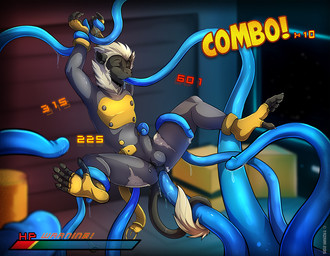 anal anal_penetration anthro belt clothed clothing erection feet footwear fur gameplay_mechanics genitals gloves gui hair handwear health_bar latex male penetration penis prehensile_feet sex solo tentacles toes torn_clothing uniform yellow_body yellow_fur tazara haplorhine mammal monkey primate