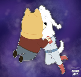 anthro duo eyes_closed hand_holding kissing male male/male neck_tuft space tuft crouchingli0n dogs_in_space garbage_(dogs_in_space) happy_(dogs_in_space) canid canine canis domestic_dog herding_dog mammal pastoral_dog poodle welsh_corgi hi_res