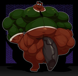 accessory anthro balls big_balls big_muscles big_nipples big_penis bottomless clothed clothing eyewear fedora genitals glasses green_clothing green_sweater green_topwear hands_on_hips hat headgear headwear huge_muscles huge_penis hyper hyper_genitalia hyper_muscles hyper_penis leaning_against_wall male musclegut muscular muscular_arms muscular_legs muscular_male necktie nipples no_shoes penis pubes shirt solo sweater thick_thighs topwear topwear_only undershirt vein veiny_penis bobert night_in_the_woods angus_delaney bear mammal hi_res