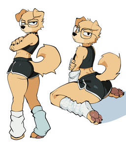 4_toes 5_fingers :< anthro arm_warmers armwear black_bottomwear black_choker black_claws black_clothing black_eyebrows black_eyes black_jewelry black_necklace black_nose black_shirt black_shorts black_topwear bottomwear brown_pawpads butt butt_pose choker claws clothing crop_top cropped_tank_top crossed_arms dolphin_shorts eyebrows eyewear feet femboy fingers footwear frown frowning_at_viewer fur glasses grumpy hotpants jewelry looking_at_viewer looking_back looking_back_at_viewer male narrowed_eyes necklace pawpads paws pose rectangular_glasses shirt shorts simple_background sitting socks solo standing tail tan_body tan_fur toeless_footwear toeless_legwear toeless_socks toes topwear underbutt wearing_glasses white_arm_warmers white_armwear white_background white_clothing white_footwear white_socks apsel_bluestar canid canine canis domestic_dog mammal 2025 digital_media_(artwork) hi_res