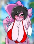 anthro bent_over big_breasts big_butt big_ears bikini black_hair blush breasts butt cleavage clothed clothing curvy_figure eyewear female flirting floppy_ears fur glasses green_eyes hair hanging_breasts huge_breasts huge_butt long_ears long_hair looking_at_viewer multicolored_body multicolored_fur multicolored_hair pink_body pink_fur pink_hair smile solo swimwear thick_thighs two-piece_swimsuit two_tone_body two_tone_fur two_tone_hair voluptuous white_body white_fur wide_hips mastergodai rascals reiko_usagi lagomorph leporid mammal rabbit hi_res