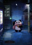 anthro biped black_body black_nose blush detailed_background moon night outside scarf solo star vending_machine white_body araru bear giant_panda mammal 2024 hi_res