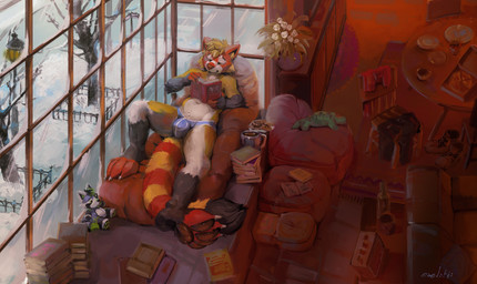 anthro blonde_hair blue_bottomwear blue_briefs blue_clothing blue_underwear book bottomwear briefs brown_nose brown_pawpads bulge claws closed_smile clothed clothing day fur grey_body grey_fur hair inside male male_anthro mouth_closed multicolored_clothing multicolored_underwear narrowed_eyes pawpads plant plushie reading reading_book reclining short_hair smile solo topless tree two_tone_clothing two_tone_underwear underwear underwear_only white_body white_claws white_fur white_seam_briefs window winter yellow_body yellow_fur oselotti ailurid mammal red_panda 2025 digital_media_(artwork) digital_painting_(artwork) hi_res painting_(artwork)
