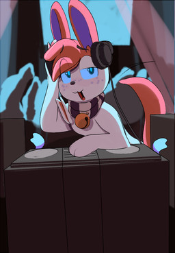 ambiguous_gender anthro bell black_eyebrows black_nose blue_body blue_fur bow_(anatomy) detailed_background disc_jockey electronics eyebrows freckled_face freckles fur furniture group head_tuft headphones lights looking_at_viewer narrowed_eyes neckwear open_mouth party pink_body pink_ears pink_fur pink_tail purple_inner_ear ribbons_(anatomy) screen standing table tail tuft white_body white_fur beanshaped nintendo pokemon sliverthesylvy eeveelution generation_6_pokemon pokemon_(species) sylveon 2026 hi_res