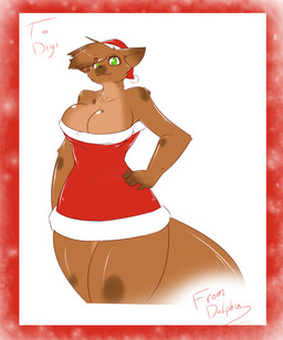 anthro big_breasts breasts brown_body brown_fur female fur green_eyes hand_on_hip head_tuft holidays looking_at_viewer markings santa_hair smile solo spots spotted_body spotted_fur tail thick_thighs tuft wide_hips averyshadydolphin christmas hyena mammal spotted_hyena 2015 hi_res signature unavailable_at_source