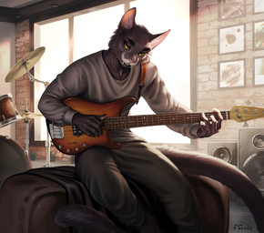 5_fingers anthro bass_guitar detailed_background drum drum_set eyebrows eyelashes fangs fingers fur grey_body grey_fur guitar male male_anthro musical_instrument percussion_instrument plucked_string_instrument sitting smile solo string_instrument teeth yellow_eyes eruca joy_(joytsipouras) domestic_cat felid feline felis mammal 2021 digital_media_(artwork) digital_painting_(artwork) painting_(artwork)