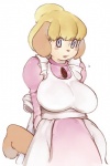 anthro big_breasts breasts brooch female fur hair kemono looking_at_viewer simple_background smile solo sindoll sherlock_hound_(series) mrs._hudson canid canine canis domestic_dog mammal