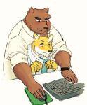 anthro blush brown_body brown_fur clothing duo fur humanoid_hands kemono male necktie overweight overweight_male shirt topwear yellow_body yellow_fur rentcg bear canid canine mammal 2016