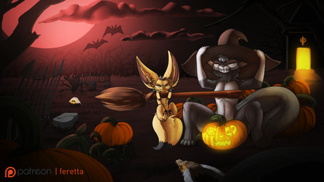 ambient_silhouette anthro barefoot belly big_ears black_body black_fur black_hair black_nose black_pawpads black_tail blue_eyes bone breasts broom broom_riding casual_exposure casual_nudity cemetery cheek_tuft chest_tuft cleaning_tool clothed clothing cloud convenient_censorship dead_tree dipstick_tail duo_focus eyes_closed facial_tuft feet female fence feral fingerless_(marking) fluffy fluffy_tail food front_view fruit fur glistening glistening_body glistening_breasts glistening_eyes glistening_fur glistening_nose gloves_(marking) glowing grass grey_body grey_fur grey_hair grey_tail group grumpy hair hat headgear headwear implied_nudity ineffective_clothing inner_ear_fluff jack-o'-lantern levitation light long_tail looking_at_viewer markings moon mostly_nude multicolored_body multicolored_fur multicolored_tail navel night nude outside patreon_logo pawpads paws plant pointy_ears prick_ears pumpkin red_moon shadow silhouette sitting skull slim small_breasts smile snout social_nudity spread_legs spreading tail tail_markings toeless_(marking) tree tuft white_belly white_body white_fur yellow_body yellow_fur yellow_tail feretta patreon tale_of_tails fenavi_montaro vixavil_hayden ambient_bat ambient_flier bat canid canine fennec_fox fox mammal red_fox silver_fox true_fox 16:9 digital_media_(artwork) hi_res shaded signature widescreen herm_(lore)