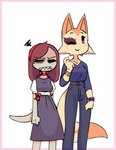 age_difference angry anthro blouse blush bottomwear bracelet clothing dress duo eye_scar facial_scar female grumpy hair jewelry long_hair pants red_hair ribbons scar sharp_teeth simple_background teeth topwear nekuzx anne_(nekuzx) genesis_(nekuzx) canid canine fox gecko lizard mammal reptile scalie 2022