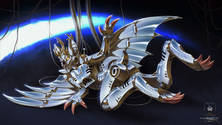 anthro antlers chrome chrome_body gold_(metal) horn machine male mecha metal metallic_body piercing pose silver_(metal) solo wire yellow_eyes seregore faulty_bat bat deer hybrid mammal new_world_deer reindeer absurd_res hi_res painting_(artwork) pinup
