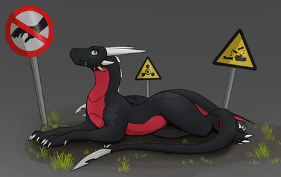 black_body blade claws eating female feral grass green_eyes horn lying lying_on_ground on_ground plant simple_background solo tail tail_blade warning_sign warning_symbol weapon_tail apollyondragon activision mythology spyro_the_dragon cynder dragon mythological_creature mythological_scalie scalie 2026 digital_media_(artwork) hi_res