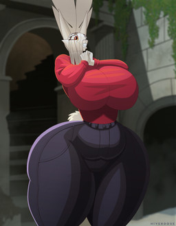 anthro archway belly belt_loop big_breasts big_butt black_eyebrows bottomwear breasts buckteeth butt clasped_hands clothed clothing detailed_background ears_up excited_expression eyebrows eyelashes female fully_clothed fupa fur hair hair_over_eye hand_on_breast huge_breasts huge_hips huge_thighs hyper hyper_hips hyper_thighs long_ears looking_offscreen orange_eyes pants pillar plant rimlight scut_tail shadow short_tail slightly_chubby slightly_chubby_anthro slightly_chubby_female small_waist smile solo stairs standing tail teeth thick_thighs tight_bottomwear tight_clothing tight_pants vines white_body white_fur wide_hips hiverdose last_fables eni_siverets_(last_fables) hare lagomorph leporid mammal digital_media_(artwork) hi_res