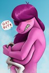 anthro big_breasts blue_background blush breasts covering covering_breasts covering_self dialogue female hair huge_breasts non-mammal_breasts nude purple_body purple_hair showing_teeth simple_background solo speech_bubble creatiffy deltarune undertale_(series) susie_(deltarune) scalie alternate_version_at_source hi_res